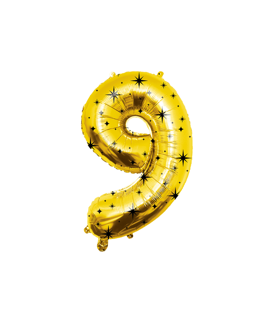 9 Jaar Cijfer Ballon Goud Zwart Sterren 86cm - Partywinkel - 8716764247200
