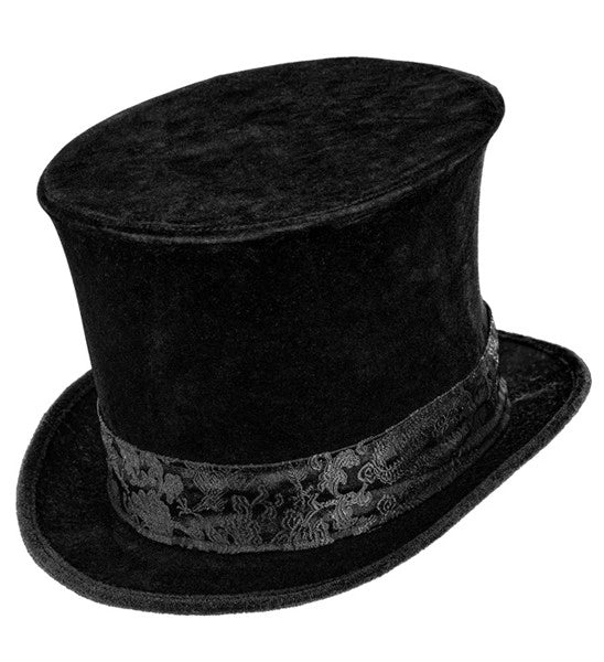 Sombrero alto de terciopelo negro con cinta