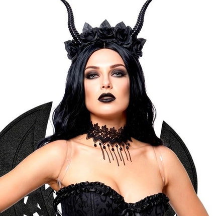 Diadema de Halloween negra con flor de diablo