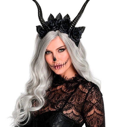 Diadema de Halloween negra con flor de diablo