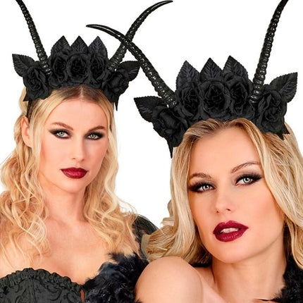 Diadema de Halloween negra con flor de diablo