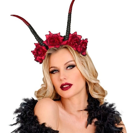 Diadema de Halloween negra y roja con flor y diablo