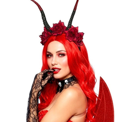 Diadema de Halloween negra y roja con flor y diablo