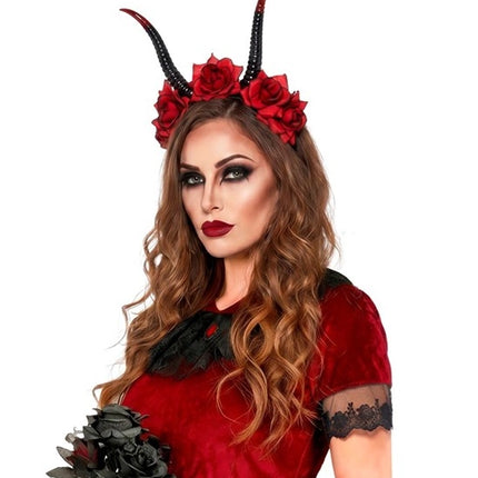 Diadema de Halloween negra y roja con flor y diablo