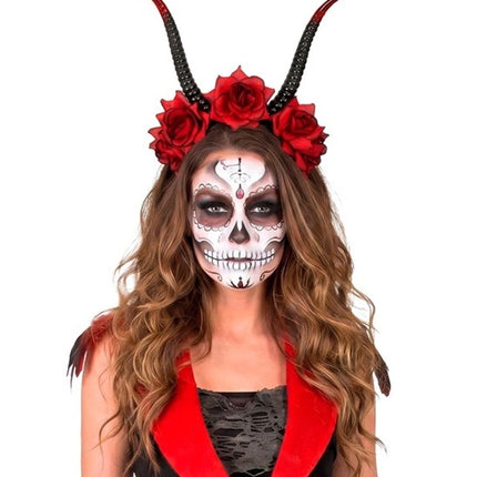 Diadema de Halloween negra y roja con flor y diablo