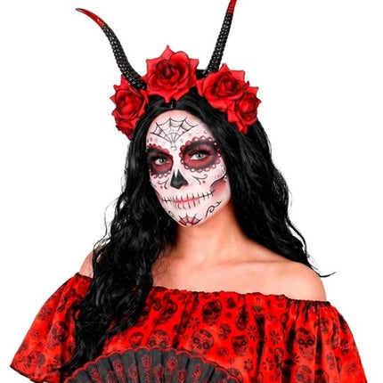 Diadema de Halloween negra y roja con flor y diablo