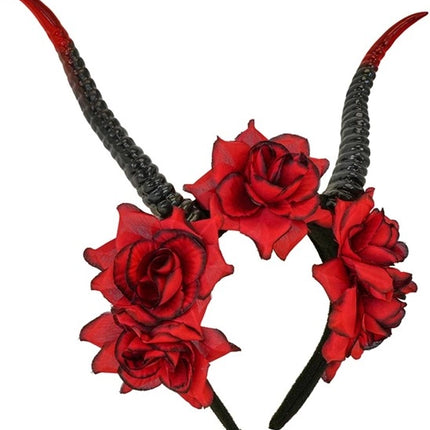 Diadema de Halloween negra y roja con flor y diablo