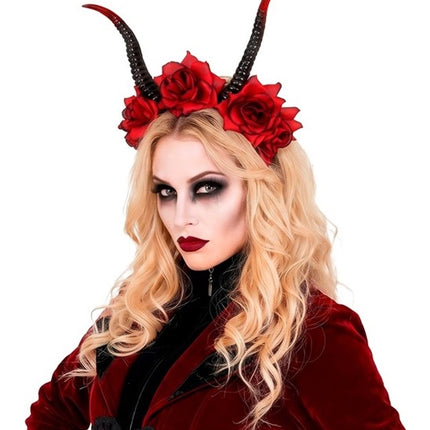 Diadema de Halloween negra y roja con flor y diablo