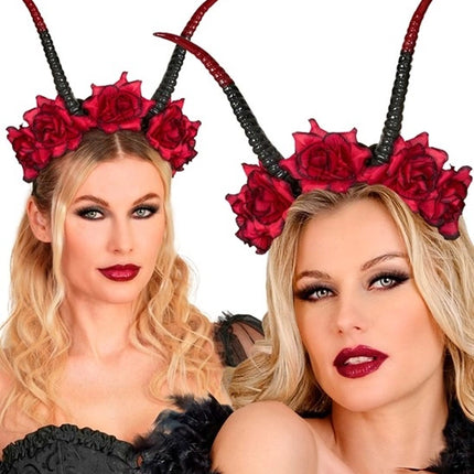 Diadema de Halloween negra y roja con flor y diablo