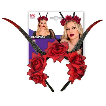 Diadema de Halloween negra y roja con flor y diablo