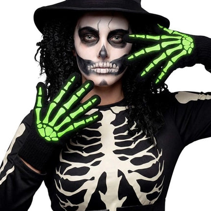 Guantes de Halloween negros y blancos con diseño de esqueleto que brillan en la oscuridad