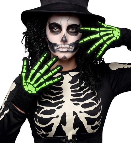 Guantes de Halloween negros y blancos con diseño de esqueleto que brillan en la oscuridad