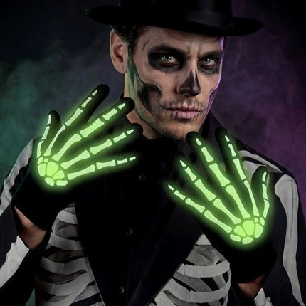 Guantes de Halloween negros y blancos con diseño de esqueleto que brillan en la oscuridad