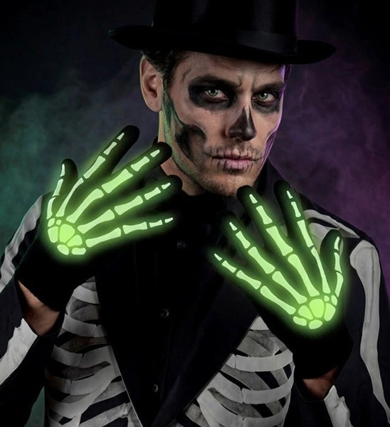Guantes de Halloween negros y blancos con diseño de esqueleto que brillan en la oscuridad
