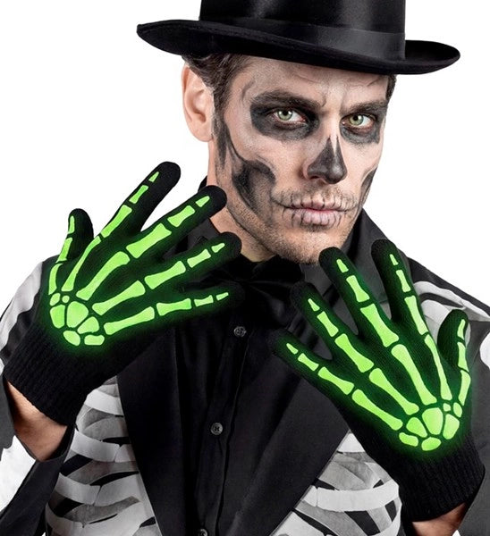 Guantes de Halloween negros y blancos con diseño de esqueleto que brillan en la oscuridad