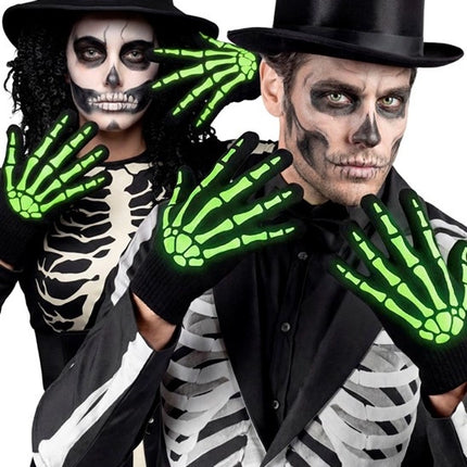 Guantes de Halloween negros y blancos con diseño de esqueleto que brillan en la oscuridad