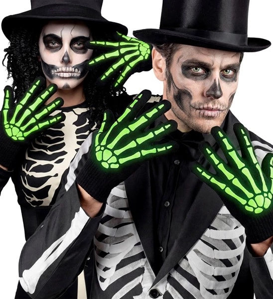 Guantes de Halloween negros y blancos con diseño de esqueleto que brillan en la oscuridad