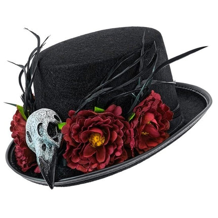 Sombrero de Halloween con flores vudú y esqueleto