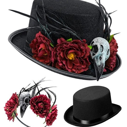 Sombrero de Halloween con flores vudú y esqueleto