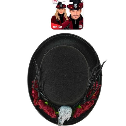 Sombrero de Halloween con flores vudú y esqueleto