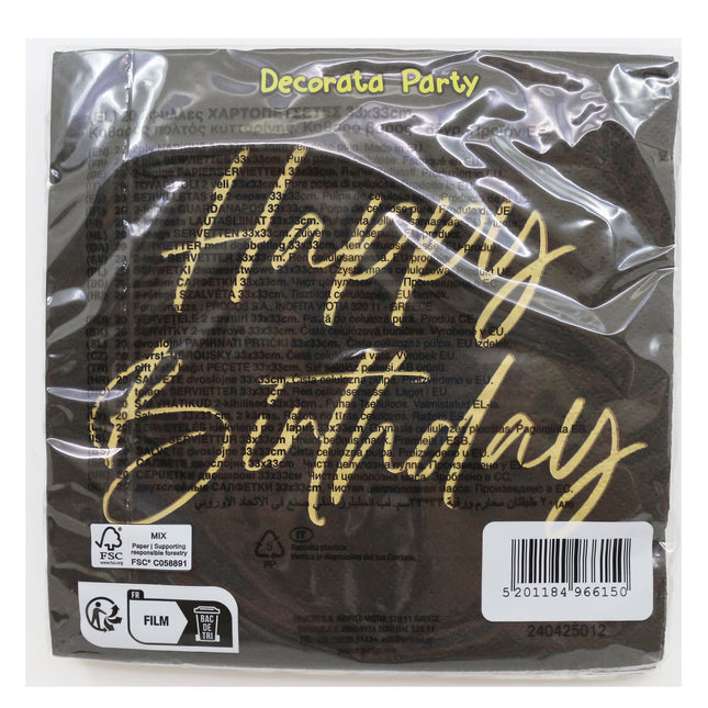 Servilletas Feliz Cumpleaños Oro Negro 2 Capas 33cm 20pcs