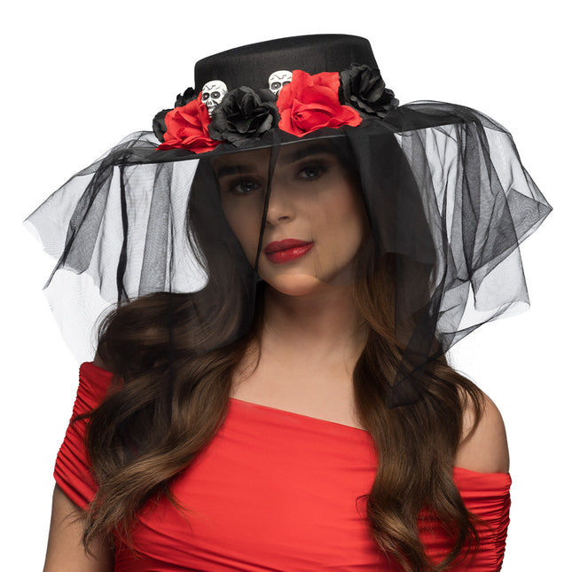 Sombrero de Halloween Negro Rojo Flores