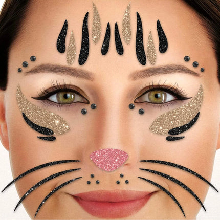 Tatuajes falsos dorados y negros para la cara con purpurina de gato