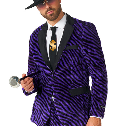 Disfraz de pimp para hombre, morado, estampado de cebra, de 3 piezas