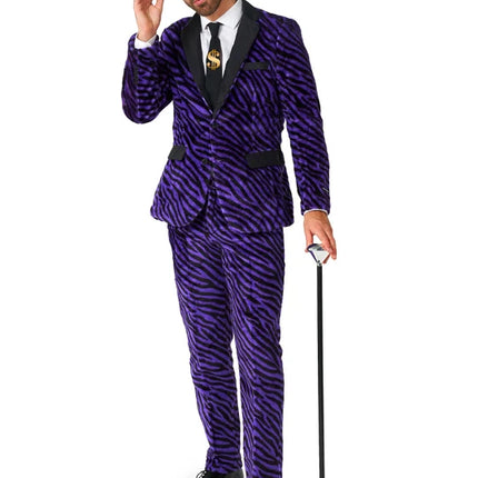 Disfraz de pimp para hombre, morado, estampado de cebra, de 3 piezas