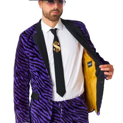 Disfraz de pimp para hombre, morado, estampado de cebra, de 3 piezas