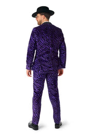 Disfraz de pimp para hombre, morado, estampado de cebra, de 3 piezas