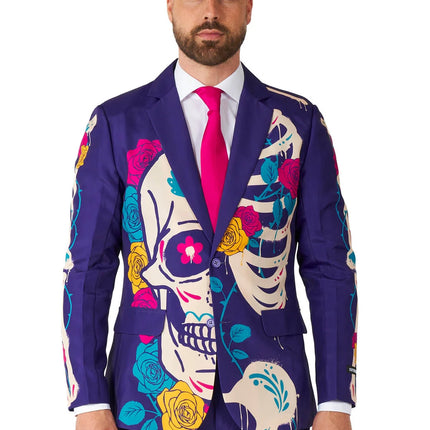 Disfraz de calavera de azúcar para hombre, morado, de 3 piezas