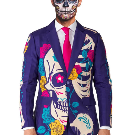 Disfraz de calavera de azúcar para hombre, morado, de 3 piezas