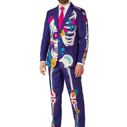 Disfraz de calavera de azúcar para hombre, morado, de 3 piezas