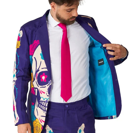 Disfraz de calavera de azúcar para hombre, morado, de 3 piezas