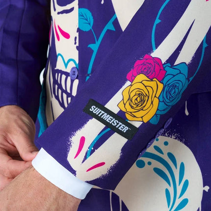 Disfraz de calavera de azúcar para hombre, morado, de 3 piezas