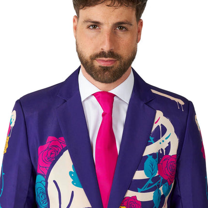 Disfraz de calavera de azúcar para hombre, morado, de 3 piezas