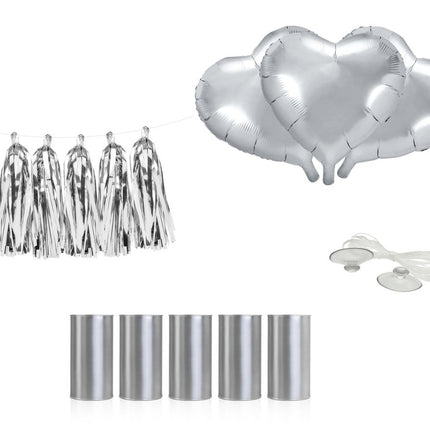 Auto Decoratie Set Bruiloft Hartjes Zilver van Partydeco koop je bij Partywinkel