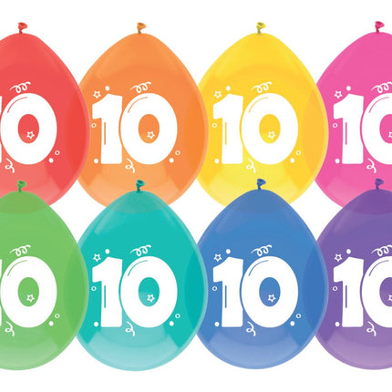 Ballonnen 10 Jaar Gekleurd 30cm 8st van Haza Witbaard koop je bij Partywinkel