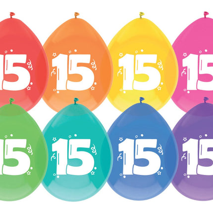 Ballonnen 15 Jaar Gekleurd 30cm 8st van Haza Witbaard koop je bij Partywinkel