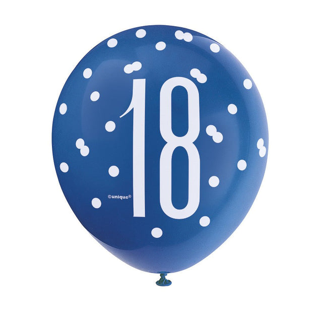 Ballonnen 18 Jaar Stippen Blauw 30cm 6st van Unique koop je bij Partywinkel