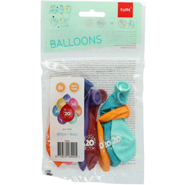 Ballonnen 20 Jaar Gekleurd 23cm 8st van Folat koop je bij Partywinkel
