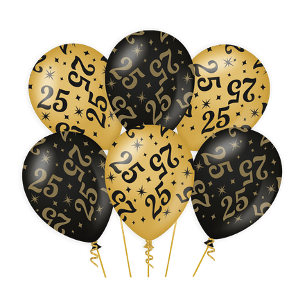 Ballonnen 25 Jaar Goud Zwart 30cm 6st van Paper Dreams koop je bij Partywinkel