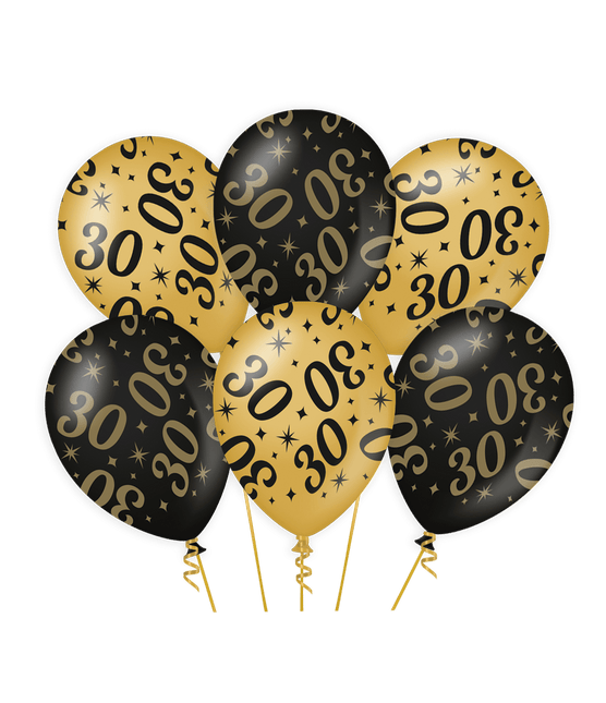 Ballonnen 30 Jaar Goud Zwart 30cm 6st van Paper Dreams koop je bij Partywinkel