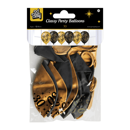 Ballonnen 30 Jaar Goud Zwart 30cm 6st van Paper Dreams koop je bij Partywinkel