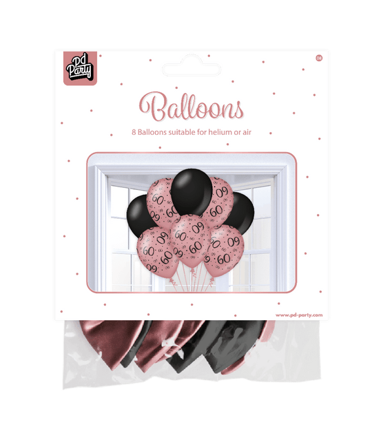 Ballonnen 60 Jaar Rose Zwart 30cm 8st van Paper Dreams koop je bij Partywinkel