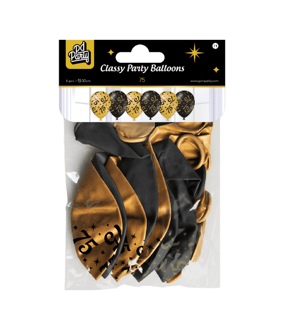 Ballonnen 75 Jaar Goud Zwart 30cm 6st van Paper Dreams koop je bij Partywinkel