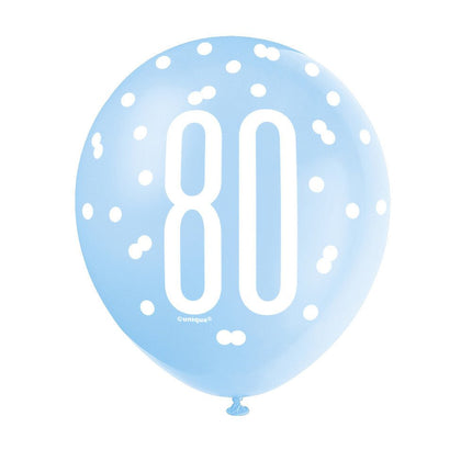 Ballonnen 80 Jaar Stippen Blauw 30cm 6st van Unique koop je bij Partywinkel