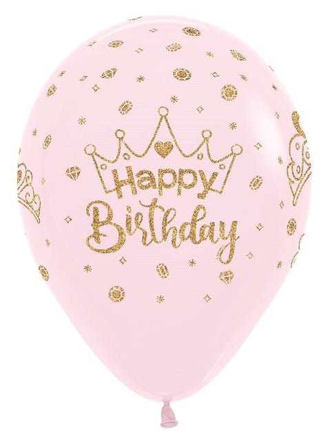 Ballonnen Happy Birthday Crowns Glitter Ink Pastel Matte Pink 30cm 25st van Sempertex koop je bij Partywinkel