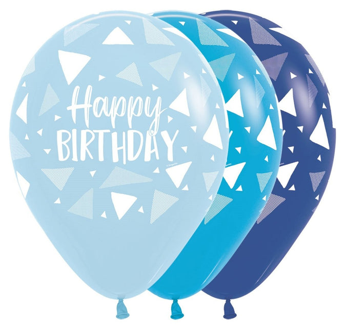 Ballonnen Happy Birthday Triangles Blue Mix 30cm 25st van Sempertex koop je bij Partywinkel